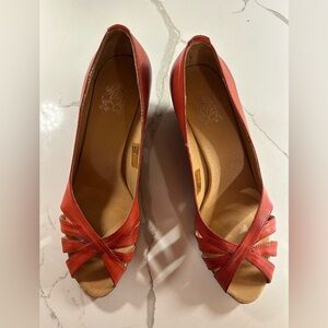 Red leather & wood wedge heels